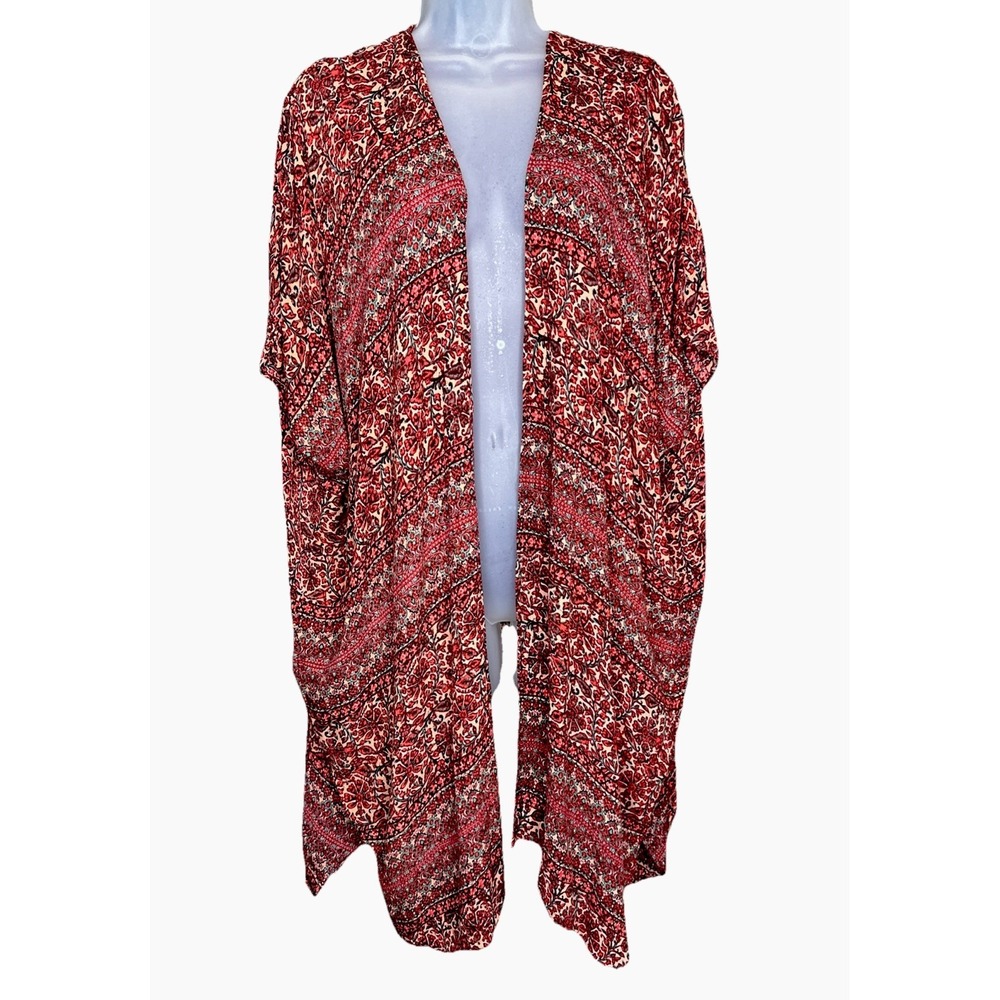 Angie Kimono Open Front Long Line Cardigan Cover Up Small Brown Orange‎ Boho